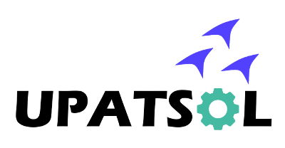 Upatsol Logo: The logo consists of the word UPATSOL in caps with the letter O as a serrated wheel of a machine. There are three abstract birds taking flight from above the letters SOL.